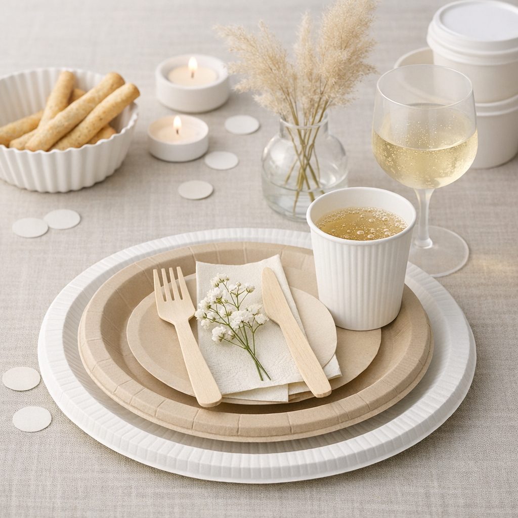 Illustration of Table moderne : Vaisselle jetable minimaliste et &eacute;l&eacute;gante