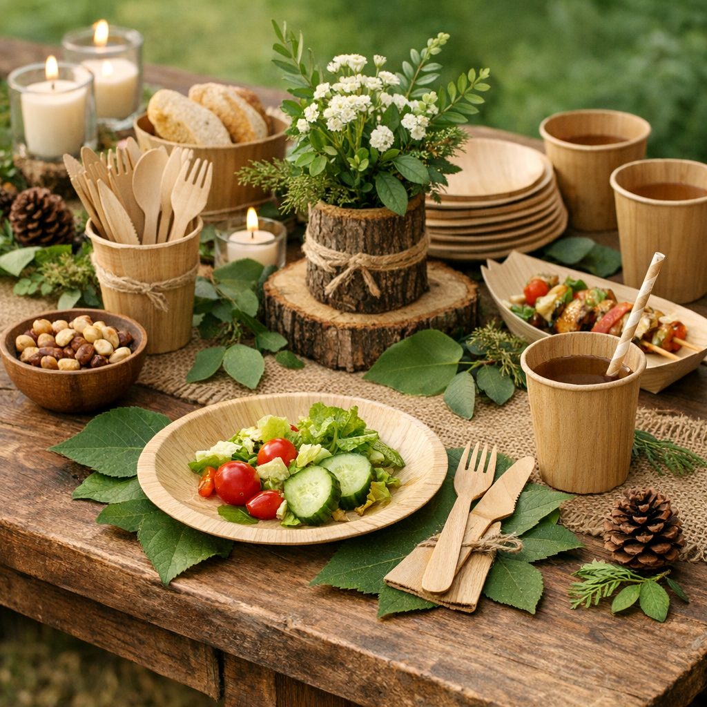 vaisselle jetable bois illustration for Vaisselle jetable en bois : id&eacute;es pour une table nature r&eacute;ussie